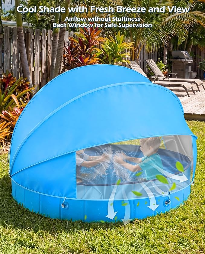 Jasonwell Kiddie Baby Pool with Canopy - Foldable Infant Toddler Kids Pool with Shade Baby Beach Essentials Tent Swimming Wading Pools for Toddlers 1-3 + Kids Dogs Ball Pit Backyard Water Play B, 63"