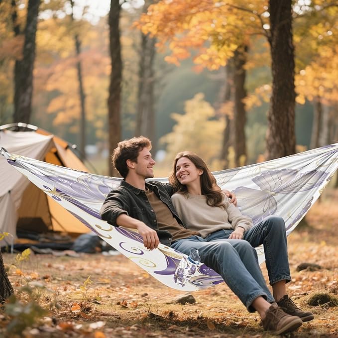 Hammocks for Outside Purple and Gold Butterflies Camping Hammock Portable Hammocks with Tree Straps and Carry Bag Camping Accessories for Hiking Beach Outdoor
