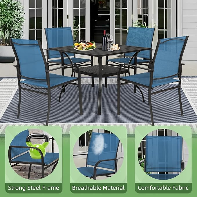 Incbruce 5 Pieces Patio Dining Set, Outdoor Dining Set of 4 Textilene Chairs and Square Table with Umbrella Hole for Backyard, Garden, and Poolside (Blue)