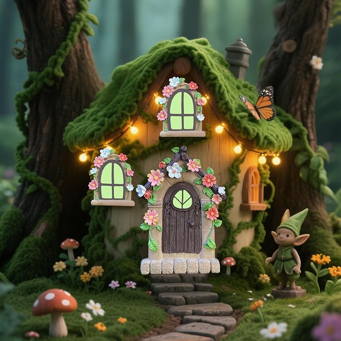 FESTGLOX Fairy Garden Door and Windows for Trees Outdoor, Glow in The Dark | Fairy Garden Door House Kit Miniature Accessories for Tree Trunk, Gnome, Outdoor Yard, Stump, Lawn