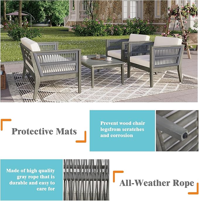 4-Pieces Acacia Wood Patio Furniture Set, Outdoor Furniture with Coffee Table, Patio Conversation Set Deep Seating with Soft Cushion, Porch Chairs for Garden, Backyard Porch Balcony, Grey & Beige