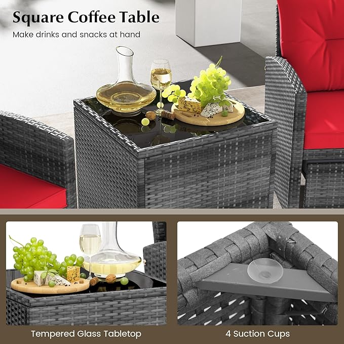 HAPPYGRILL 5-Piece Outdoor PE Rattan Conversation Set, Wicker Patio Furniture Set with Cushion, Ottoman & Coffee Table for Backyard Garden Poolside Lawn Deck Porch (Mix Grey & Red)