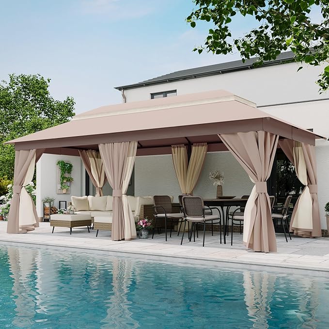 LAUSAINT HOME Patio Gazebo 10'x20', Outdoor Heavy Duty Party Tent Shelter with Double Roofs, Mosquito Nettings and Privacy Screens for Backyard, Garden, Lawn, Khaki
