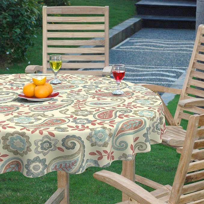 DYTXIII Outdoor Round Tablecloth with Umbrella Hole 60 Inch, Water Repellent & Fade Resistant Table Cover, All Weather Outdoor Tablecloth for Garden & Party Table, Paisley Vintage