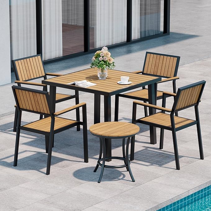 6-Piece Patio Dining Set, Outdoor Weather Resistant Plastic-Wood Table & 4 Stackable Chairs, Outdoor Durable Aluminum Frame Furniture for Garden, Poolside, Backyard (Teak, 6 PCS)