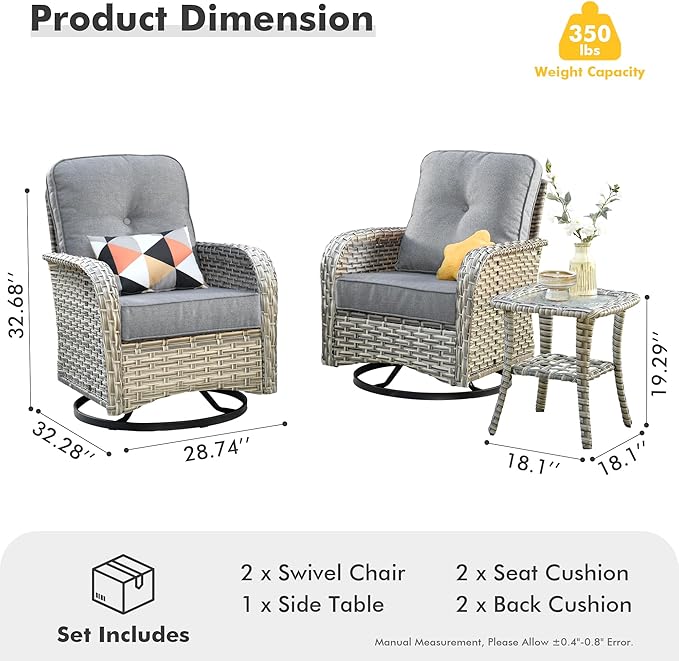 Outdoor Swivel Rocker Patio Chairs with Side Table,Wicker Swivel Rocking Chair Set of 2,3PCS High Back Wicker Patio Furniture Set Glider Chairs for Porch, Balcony, Deck and Yard,Grey