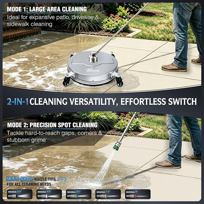 RAYNEL 18'' Pressure Washer Surface Cleaner with 4 Wheels, Stainless Steel Housing, 1/4" Quick Plug, 2 Extended Wands, 2 Replacement Nozzles and 5 Spray Nozzles
