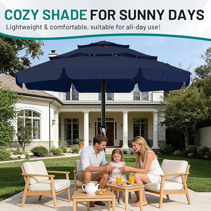 AreShark 11FT 3-Tiers Patio Umbrella with Valance, Outdoor with Crank, Large Outdoor Market Umbrellas Vented with 8 Sturdy Ribs, Patio Table Umbrellas for Garden, Deck, Backyard, Pool, Navy