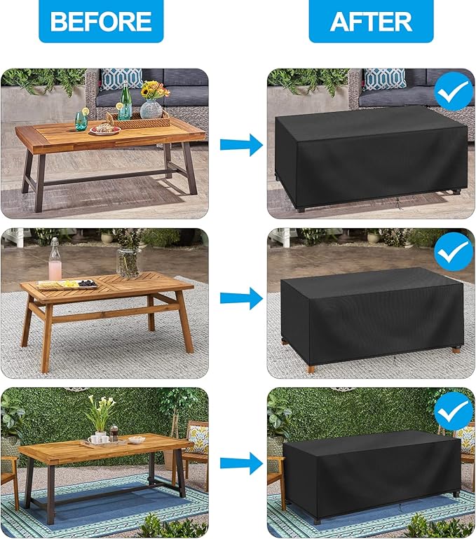Rectangular Coffee Table Cover 100% Waterproof, 46x26x13 inch Outdoor Table Cover, Patio Furniture Cover for Dinning Furniture, Picnic Coffee Tables Chairs and Sofas, Black