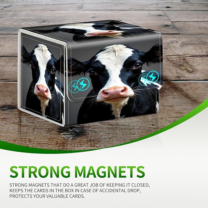 Card Deck Box for MTG, Cards Storage Box Fits 120+ Sleeved, Leather Small Size Strong Magnetic Closing Card Case for Board Games Magic TCG CCG Baseball Collection, Black White Cow