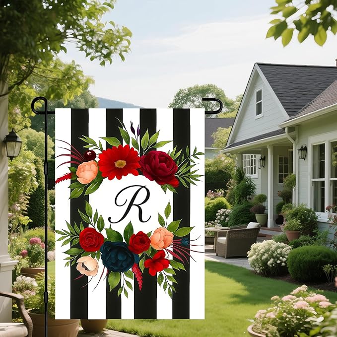 IVN Spring Floral Garden Flag With Mixed Flowers Letter R And Black And White Stripes Floral Circle Garden Flag Double Sided 12x18 Inch Vertical Farmhouse Yard Outdoor Decoration