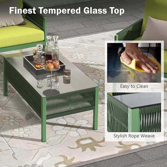 K&K 4-Piece Rope Patio Furniture Set, Outdoor Furniture with Tempered Glass Table, Patio Conversation Set Deep Seating with Thick Cushion for Backyard Porch Balcony (Fluorescent Yellow & Green)