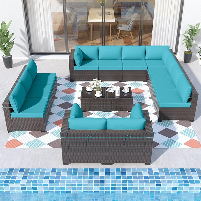 ALAULM 14 Pieces Patio Furniture Set Wicker Patio Conversation Set, Outdoor Sectional Furniture w/Coffee Table & Washable Seat Cushions-Blue