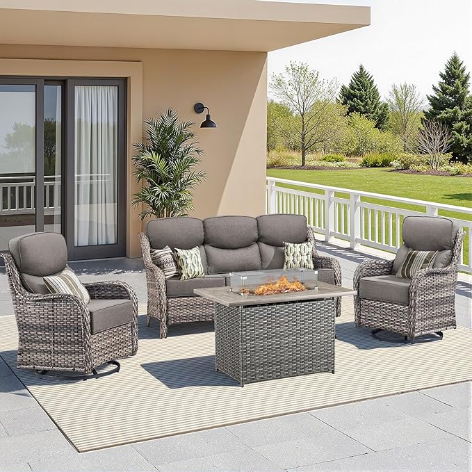 Luxury Patio Furniture Set with Fire Pit Table-4 Pieces High Back Wicker Swivel Rocker Chairs with 6" Extra Thick Cushions, Outdoor Patio Conversation Sets for Porch Deck Backyard(Grey/Grey)