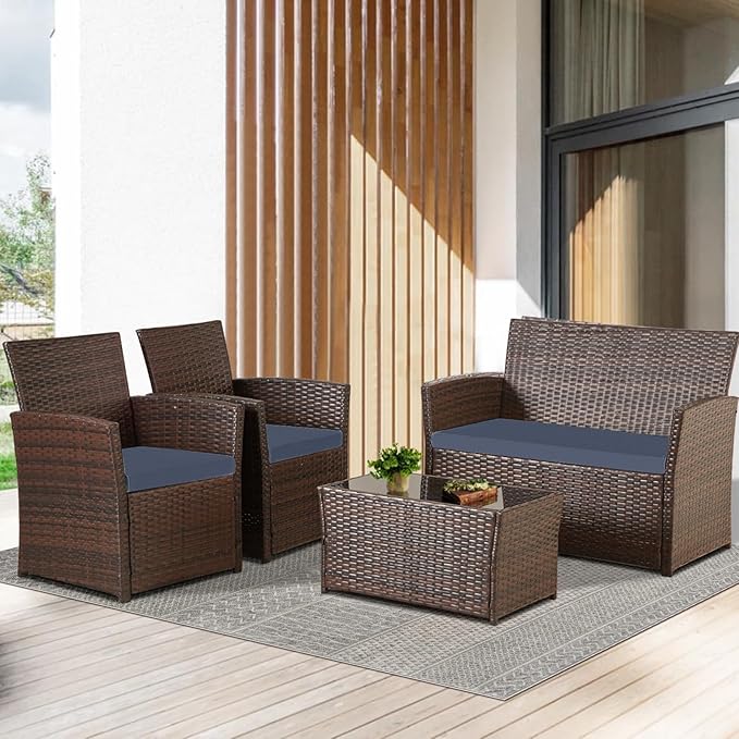 FHFO 4 Piece Outdoor Patio Furniture Sets, Patio Sectional Furniture Conversation Sofa Set, Rattan Table and Chairs and Loveseat with Cushions for Outside Balcony Porch Backyard (Brown-Blue)