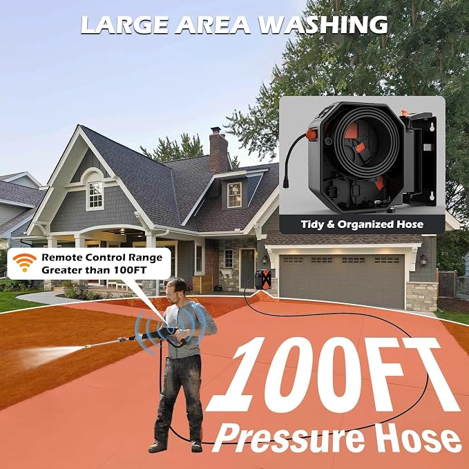 5000PSI Wall Mounted PowerWasher with 4 Quick Connect Nozzles, Foam Cannon for Car, Lane, Patio Cleaning, Orange