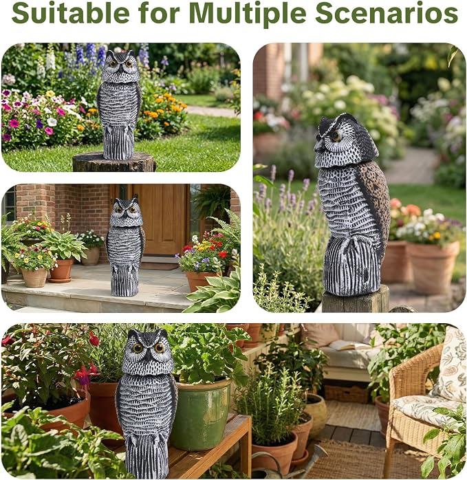 OFFO Fake Owl, Owl Statue for Garden and Yard Decoration, Weatherproof Plastic Rotating Head Outdoor Owl Decor for Porch Pool Patio Yard, 15-Inch Height, Round Ear Owl