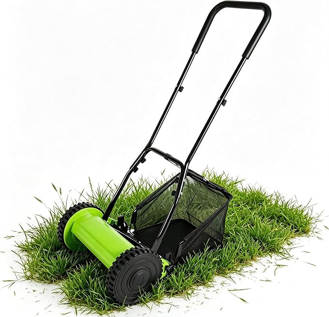 12Inch 5-Blade Push Reel Lawn Mower Manual Lawn Mower, Cordless Push Mower Manual with 6 Gallon Grass Catcher, 0.67-1.3 in Adjustable Cutting Height Walk-Behind Lawn Mower for Yard, Garden