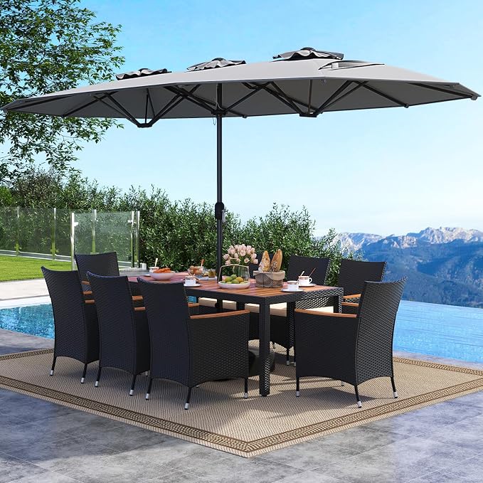 Tangkula 11 Piece Patio Wicker Dining Set w/Double-Sided Patio Umbrella, 8 Stackable Cushioned Chairs, 71" Acacia Wood Dining Table & 15 ft Umbrella with Weighted Base (Grey + Off White)