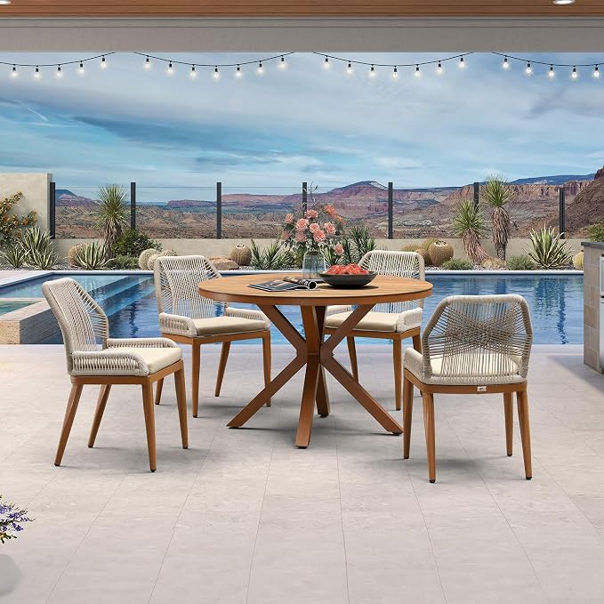 PURPLE LEAF 5 Pieces Round Dining Set Patio Aluminum Modern Oversize Round Table and Wicker Chairs with Cushions for Kitchen Porch Garden Outdoor Furniture Sets
