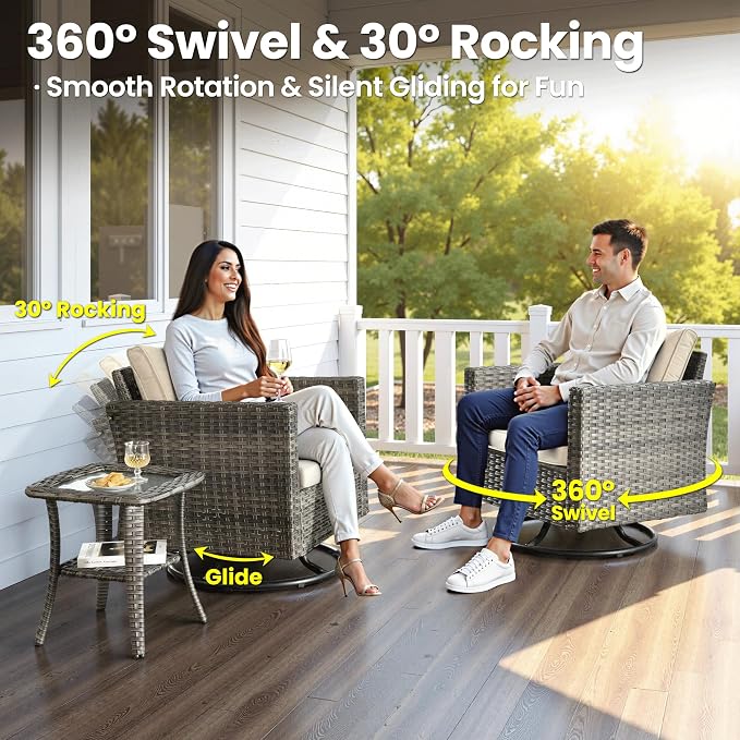 ovios 6 Pieces Patio Furniture Set with Rectangular Fire Pit Table, Swivel Rocking Chairs, Loveseat, Outdoor High Back Wicker Rattan Conversation Set for Deck Porch, Beige