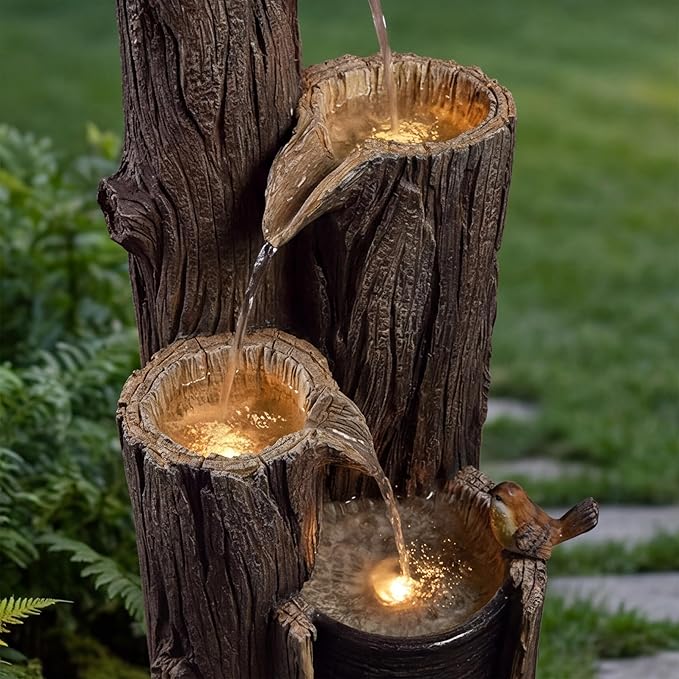 42-Inch Outdoor Water Fountain, 4-Tier Resin Birdhouse Waterfall Fountain with 4 Warm LED Lights, Rustic Tree Trunk Design, Home Decor for Garden, Porch, Deck, Yard, Patio, Lawn in Black