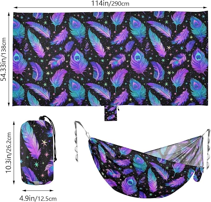 Camping Hammock Outdoor Hammocks for Outside Holographic Purple Feather Beach Trees Portable Lightweight with Pockets Tree Straps Indoor Small