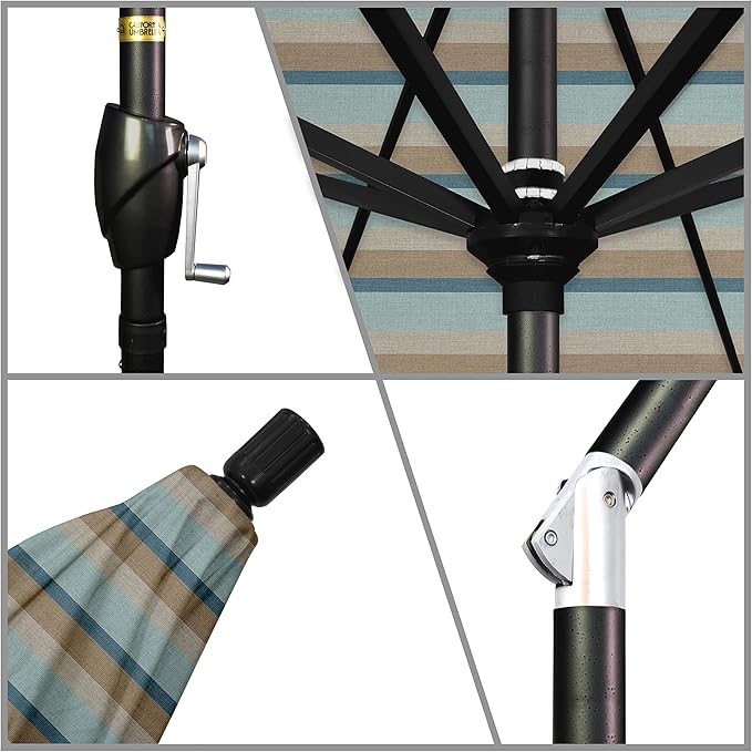 California Umbrella 9' Rd Pacific Trail Series Aluminum Patio Umbrella, Crank Lift, Push Button Tilt, Black Finish, Sunbrella Gateway Mist Fabric