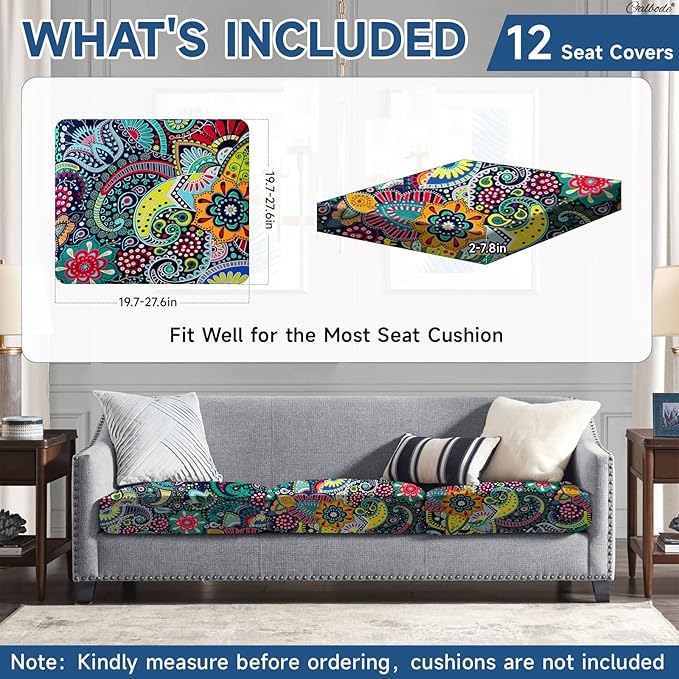 CALBODE 12Pcs Stretch Patio Cushion Cover, Boho Floral Couch & Sofa Slipcovers for Patio Furniture Cushions Washable Reusable Couch Covers Replacement for All Season, Breathable (Paisley, Cover Only)