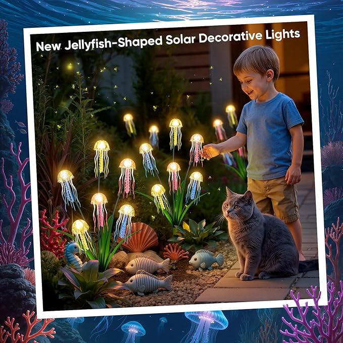 Outdoor Solar Garden Lights: 2 Pack 12 LEDs Waterproof Solar Powered Jellyfish Lights for Outside Yard Pathway Lawn Warm White Decorations - Unique Gardening Gifts for Women Mom Grandma