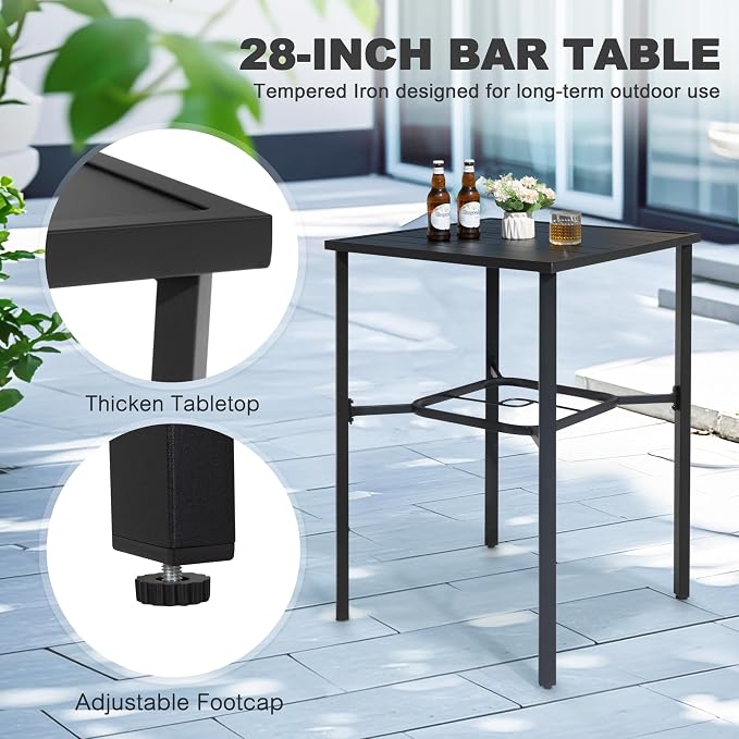 NUU GARDEN 5 Piece Outdoor Swivel Bar Set, All Weather Patio High Bar Stool Bistro Set with Textilene Height Back Bar Chairs and Slatted Metal Bar Table with Umbrella Hole, Black and Brown
