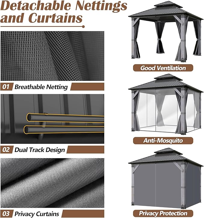 8.5'x8.5' Wood Gazebo, Outdoor Hardtop Gazebo with Wood Posts and Galvanized Steel Doule Roof, Wooden Frame Gazebos with Netting & Curtains for Patio Backyard Deck