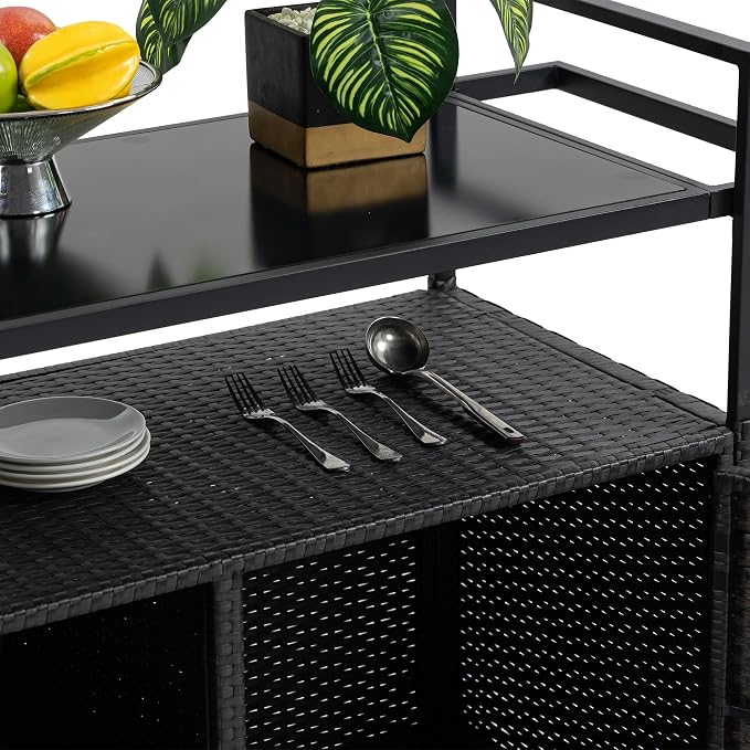 Outdoor Wicker Storage Deck Box and Rolling Bar Cart with Tempered Glass Top and Wheels for Patio, Porch, and Backyard, Weather-Resistant Rattan Serving Table, Black, 51 Inches