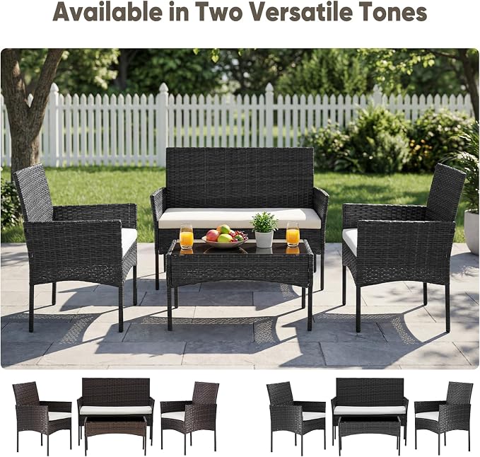 DUMOS 4 Piece Patio Furniture Set, All-Weather Outdoor Wicker Conversation Set with Removable Cushions & Tempered Glass Coffee Table, for Porch, Balcony, Lawn, Backyard, Black