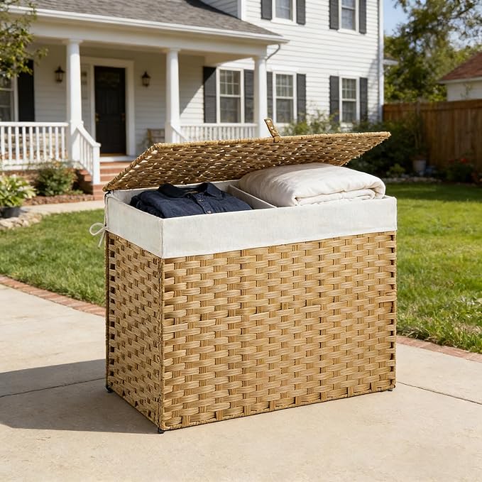 Outdoor Wicker Laundry Hamper with Lid,130L Foldable Laundry Basket with Removable,Machine Washable 2-Section Liner and Handles,Handwoven Yellow Rattan Hamper for Organization and Storage