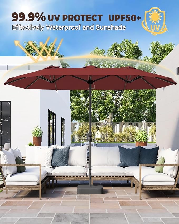 GDPFN 15FT Large Patio Umbrella with Base Included, Outdoor Deck Standing Umbrella with Crank Handle, Double-Side Rectangular Pool Umbrella for Outside, Market, Patio, Burgundy