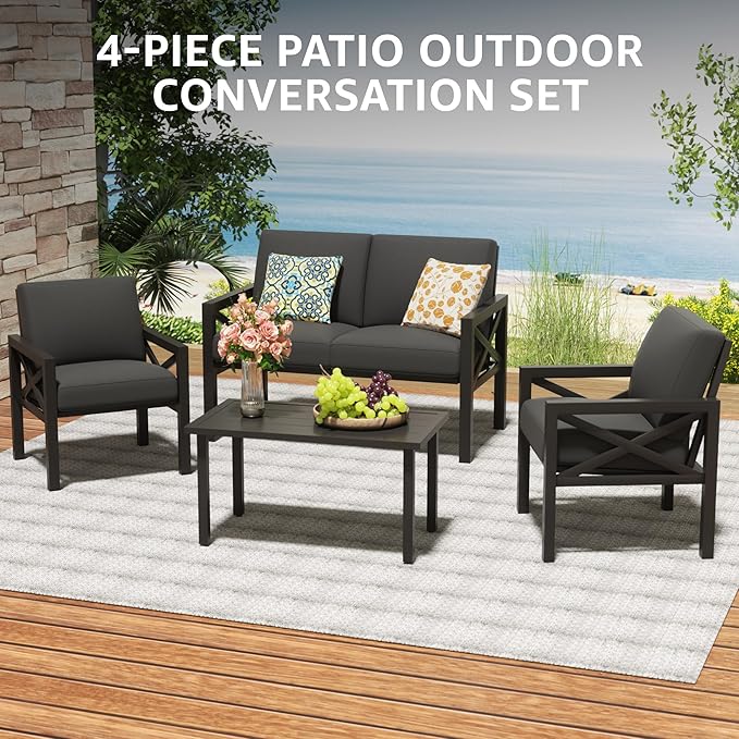 NATURAL EXPRESSIONS Outdoor Patio Furniture 4 Pieces Set, Modern Patio Conversation Sets, Outdoor Sectional Metal Sofa with 5.5 Inch Cushion and Coffee Table,Black