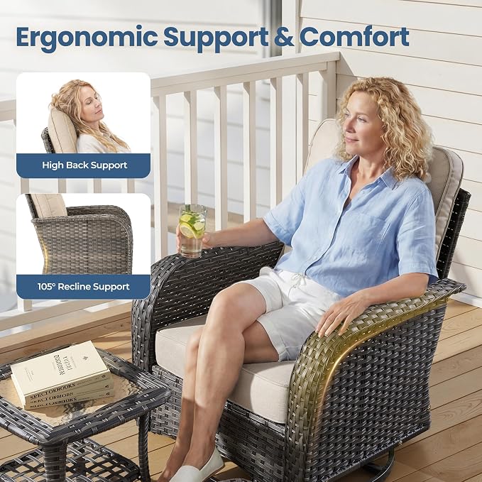 Weaxty Wicker Patio Furniture Set with Swivel Rocker Chairs Outdoor Loveseat Sofa and Rattan Coffee Table, 5 Pieces Outdoor Conversation Sets for Patio Porch Deck Backyard Poolside,Beige
