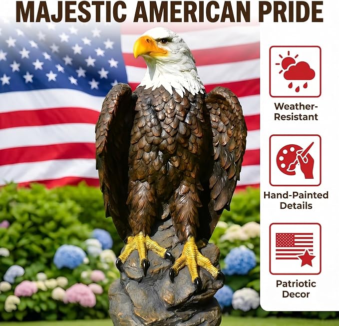 24.4" Large Standing Bald Eagle Statue, Brown | Hand-Painted Resin, American Eagle Sculpture, Outdoor Lawn Yard Decor, For Home Patio Courtyard