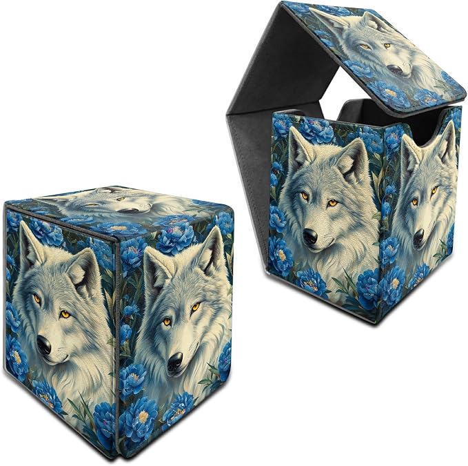 Purple Flower Wolf Card Deck Box for MTG, Personalized Card Storage Case Fits 120+ Sleeved Cards, Premium Leather TCG Box with Strong Magnetic Closure for Magic, CCG, PTCG, Baseball Cards