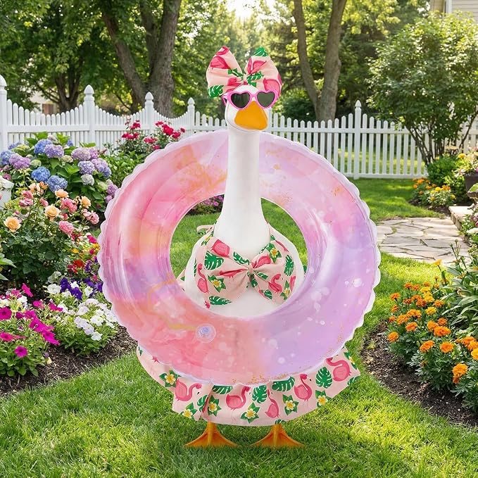 Bikini Porch Goose Outfits Fits 23" Goose Statue Summer Porch Goose Outfit with Sunglasses and Swim Ring Hawaiian Porch Goose Clothes Costume for Outdoor Garden Lawn Yard Decor(Flamingos)