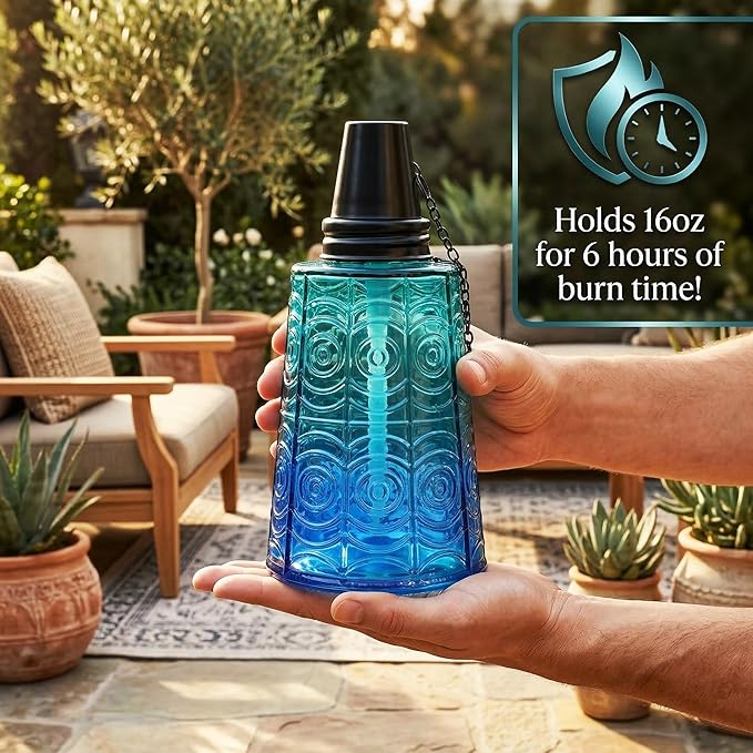 Seraphic Citronella Table Top Torches for Outdoor Patio, 16oz Decorative Glass Torch Citronella Candles for Outside Deck, Garden, Parties, Set of 3, Tropical Blue