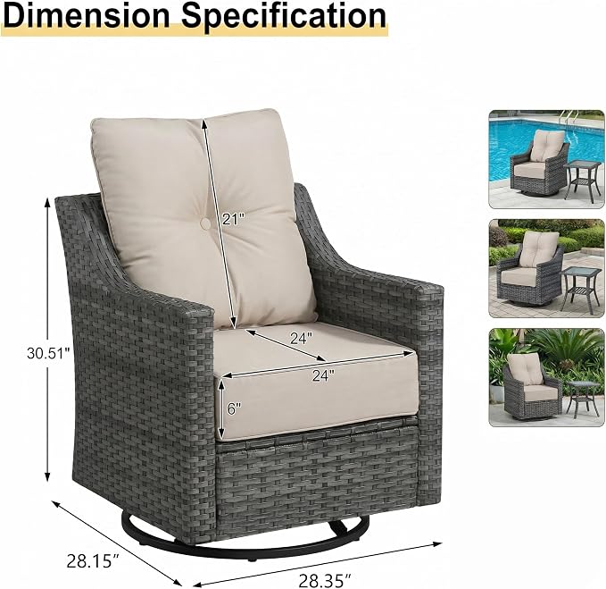 5 Pieces Patio Furniture Set, Weather-Resistant Wicker Swivel Rocker with Soft Cushions & Side Table,All Weather Outside Furniture with Ottoman for Porch, Garden, Backyard