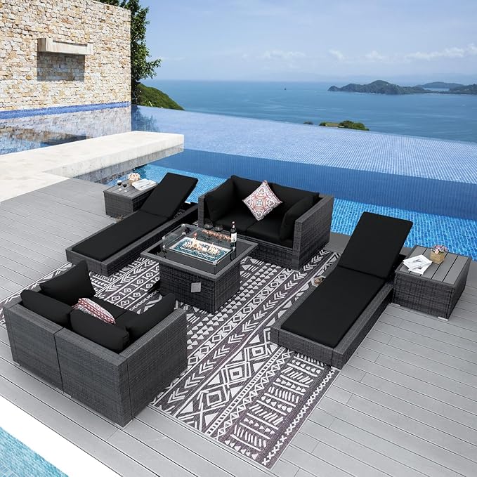 NICESOUL 9 Piece Patio Furniture Set with Firepit, Modern Outdoor Sectional Couch with Chaise Lounge, Comfy 29.3'' High-Back Backyard Seating, All-Weather Modular Sofa for Garden, Yard, Grey & Black