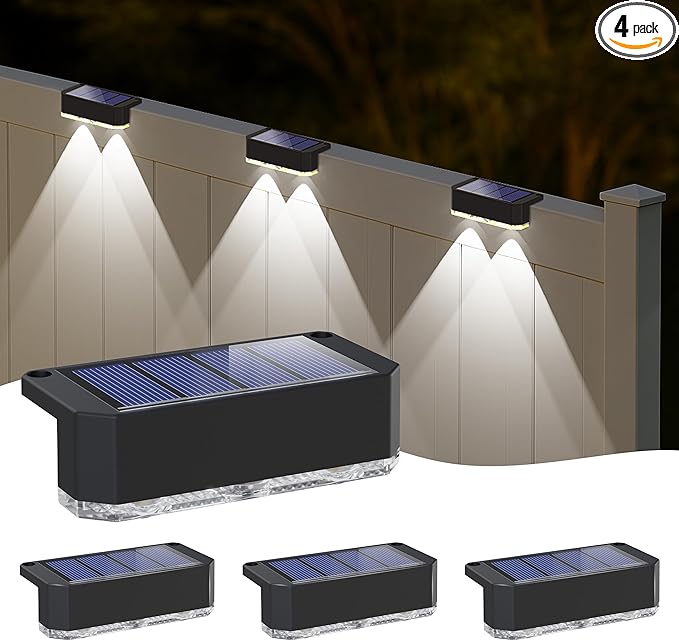 Peasur 4 Pack Solar Fence Lights Outdoor Garden, Solar Powered Step Light, Waterproof LED Deck Lights for Stairs Railing Yard Wall Outside (Cool White)