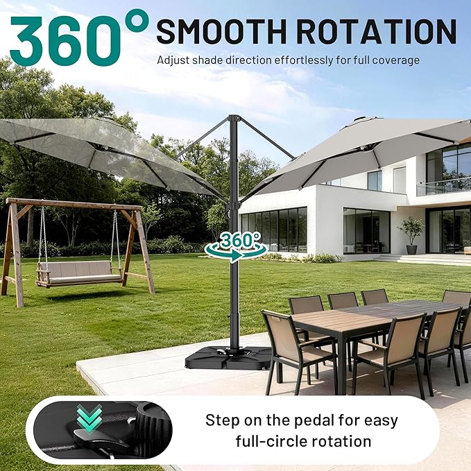 AreShark 11FT Round Cantilever Patio Umbrella with Base Included, 360° Rotation Offset Outdoor Umbrella, 5 Tilt Settings Heavy Duty Hanging Parasol for Deck Garden Pool, Light Grey