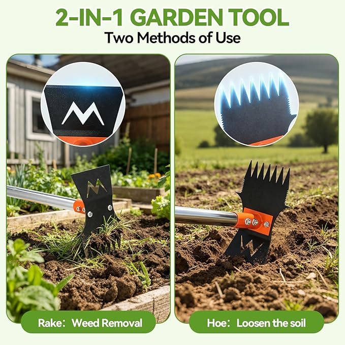 Weed Puller Tool with Long Handle, 60" Stand Up Manual Weed Remover Tool, 7-Tine Heavy Duty 2-in-1 Weed Rake & Grabber and Garden Hoe, Uprooting Weeding Pull Tool for Yard Lawn Patio Garden Flower Bed