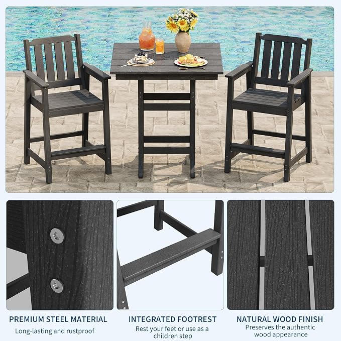 3-Piece HDPE Outdoor Bar Table and Stools Set, 39.6" Tall Pub Table with Umbrella Hole and 2 Counter Height Chairs, Weatherproof Patio Dining Furniture for Backyard, Balcony, Bistro, Dark Grey