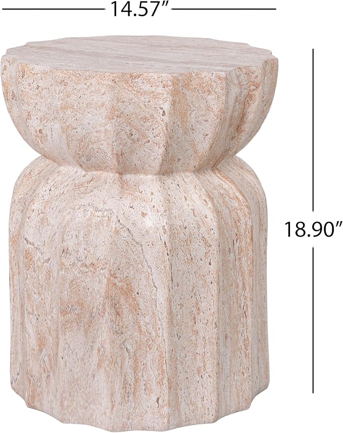 Merax 18.9" H Modern Outdoor Concrete Side Table, Patio End Table with Sculptural Fluted Design, Weather-Resistant Hourglass Shape Accent Table for Garden, Balcony & Poolside, Beige Marble