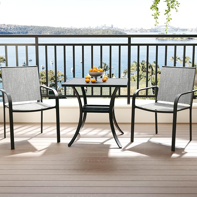 Anmutig 3-Piece Outdoor Dining Set, Small Metal Bistro Table with 2 Stackable Sling Chairs, 27.5 x 27.5 Inch Square Table, Grey Fabric
